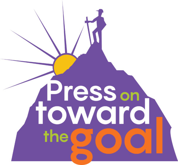 sun behind a silhouette of a hiker on a mountain with text press on toward the goal