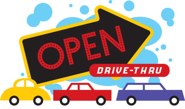 open on giant black arrow drive thru above 3 cars bumper to bumper